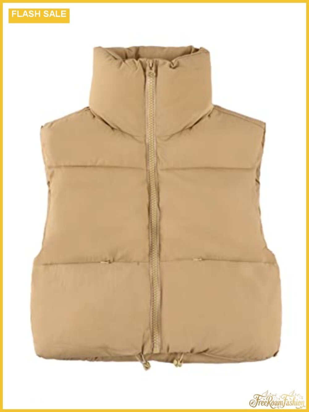Cropped Puffer Vest Full Zip Stand Collar Sleeveless Quilted Drawstring Hem